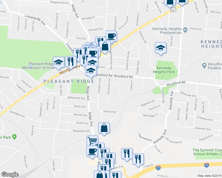 map of restaurants, bars, coffee shops, grocery stores, and more near 5912 Woodmont Avenue in Cincinnati