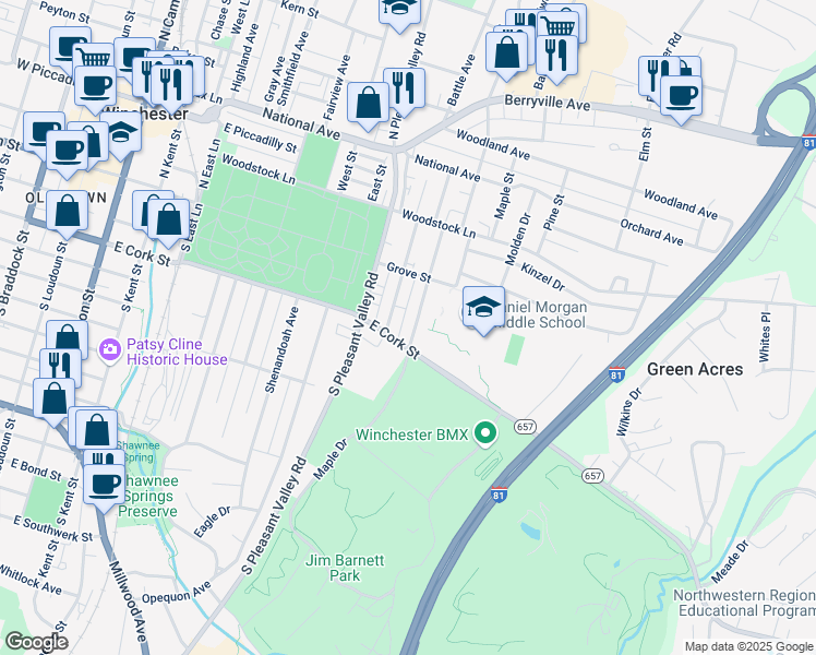 map of restaurants, bars, coffee shops, grocery stores, and more near 923 East Cork Street in Winchester