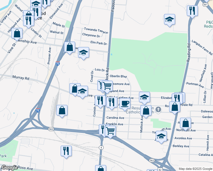 map of restaurants, bars, coffee shops, grocery stores, and more near Paddock Rd & Rossmore Ave in Cincinnati