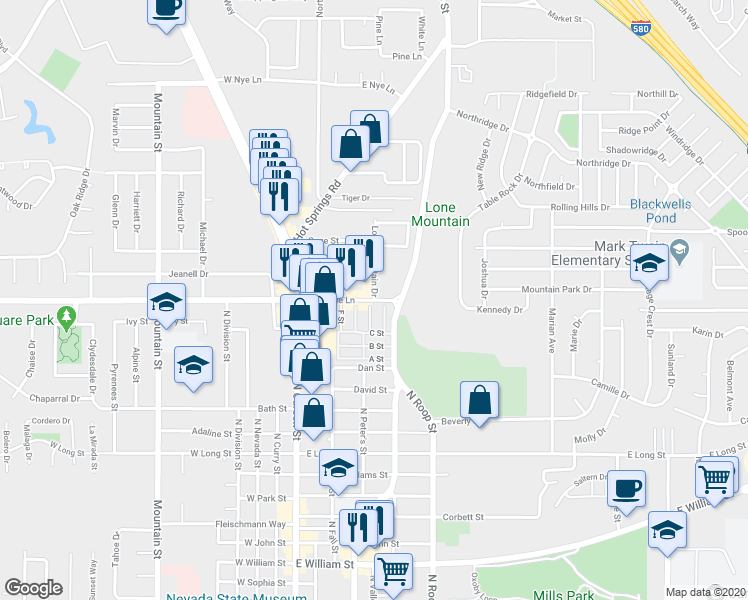 map of restaurants, bars, coffee shops, grocery stores, and more near E Winnie Ln & Lone Mountain Dr in Carson City