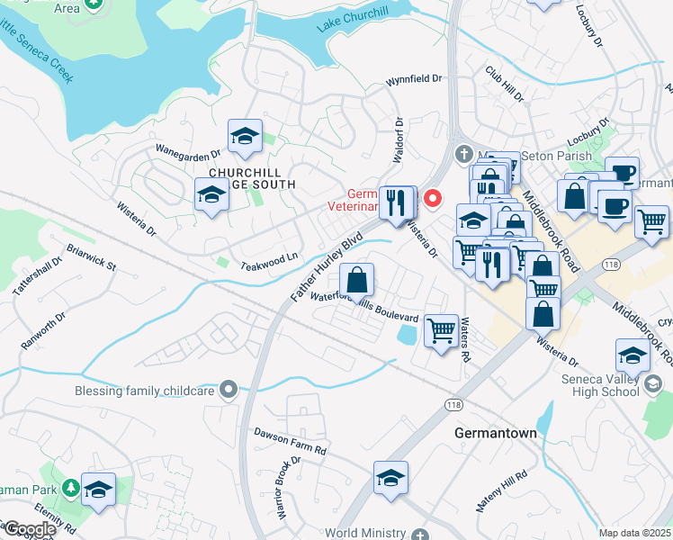 map of restaurants, bars, coffee shops, grocery stores, and more near Derry Glen Court in Germantown