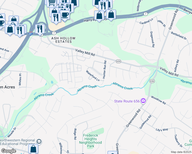 map of restaurants, bars, coffee shops, grocery stores, and more near 216 Waterford Lane in Winchester