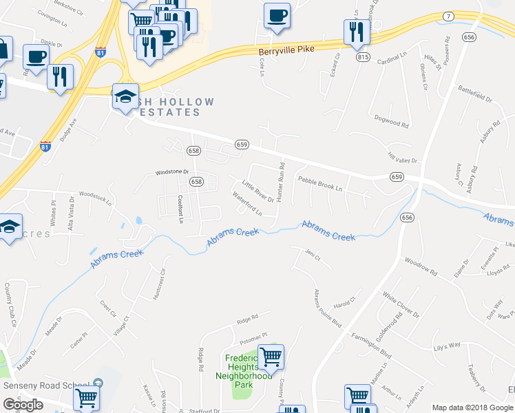 map of restaurants, bars, coffee shops, grocery stores, and more near 216 Waterford Lane in Winchester