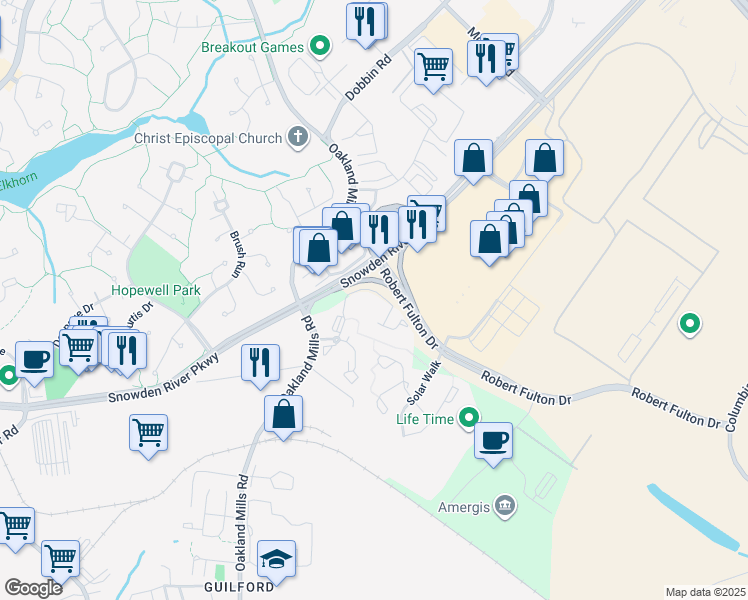 map of restaurants, bars, coffee shops, grocery stores, and more near 7030 Gentle Shade Road in Columbia