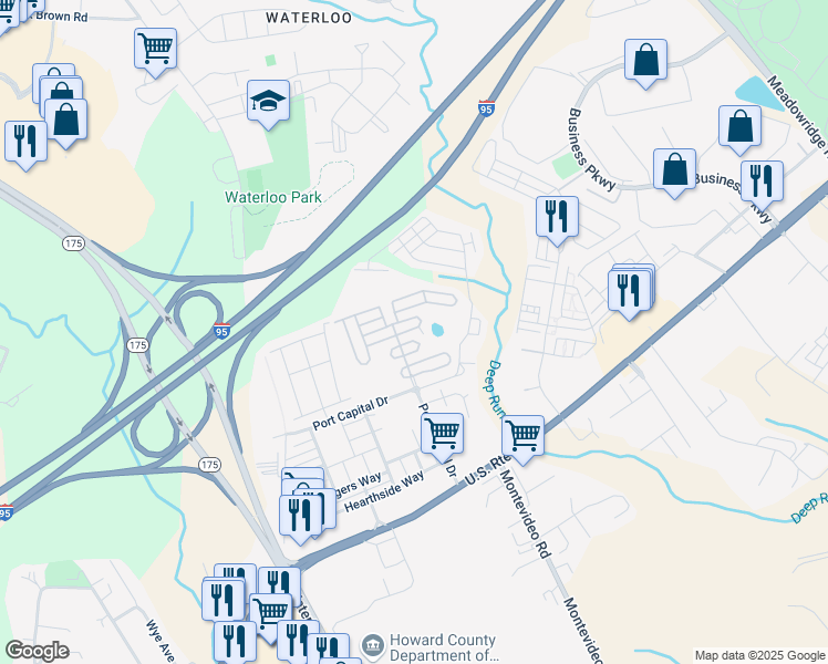 map of restaurants, bars, coffee shops, grocery stores, and more near 7312 Point Patience Way in Elkridge