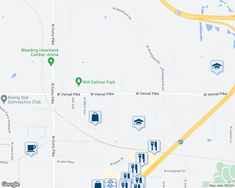 map of restaurants, bars, coffee shops, grocery stores, and more near 1398 North Logan Road in Bloomington