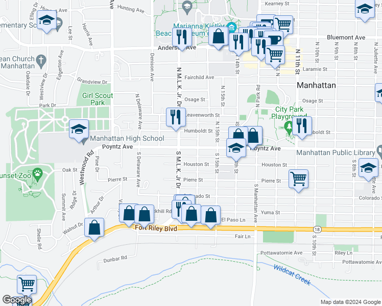 map of restaurants, bars, coffee shops, grocery stores, and more near 1609 Poyntz Avenue in Manhattan