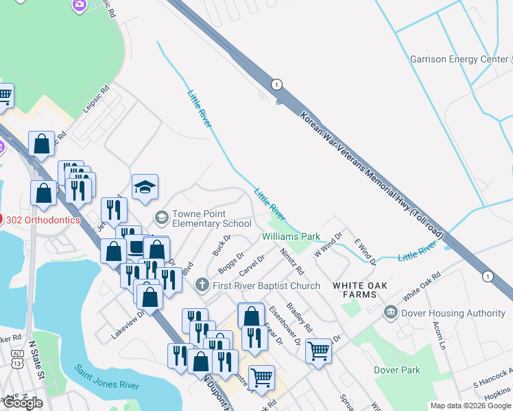 map of restaurants, bars, coffee shops, grocery stores, and more near in Dover