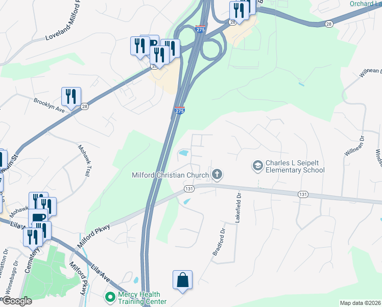 map of restaurants, bars, coffee shops, grocery stores, and more near 826 Ohio 131 in Milford