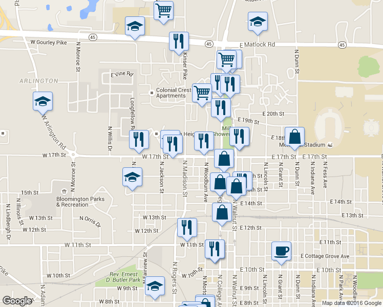 map of restaurants, bars, coffee shops, grocery stores, and more near 314 West Kenwood Drive in Bloomington