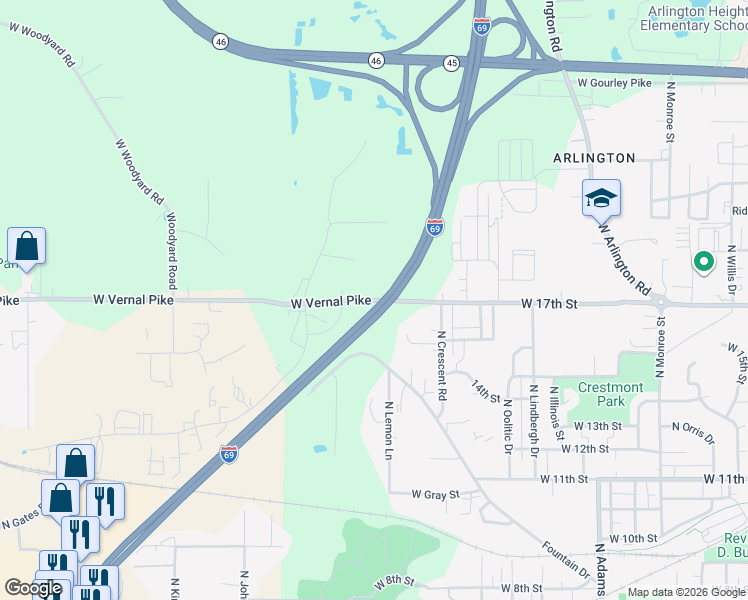 map of restaurants, bars, coffee shops, grocery stores, and more near West Vernal Pike in Bloomington