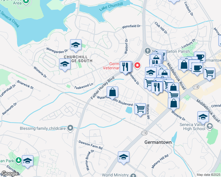 map of restaurants, bars, coffee shops, grocery stores, and more near 19606 Galway Bay Circle in Germantown