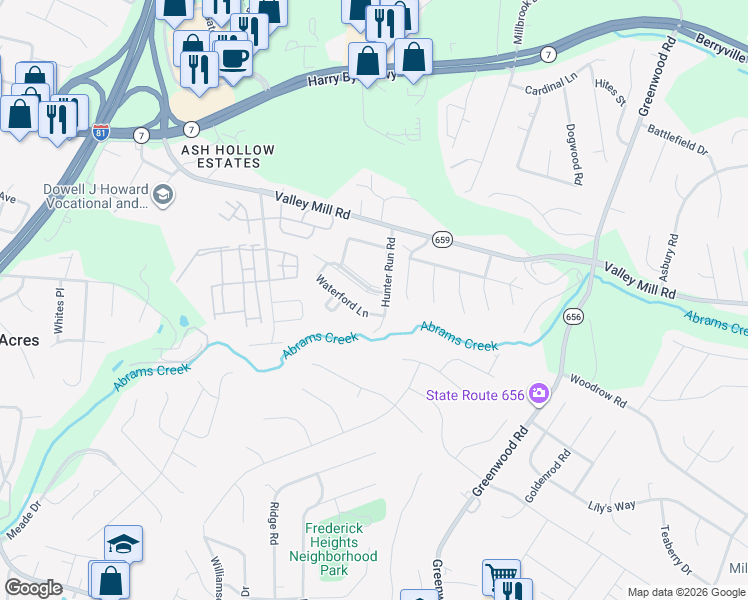 map of restaurants, bars, coffee shops, grocery stores, and more near 119 Waterford Lane in Winchester