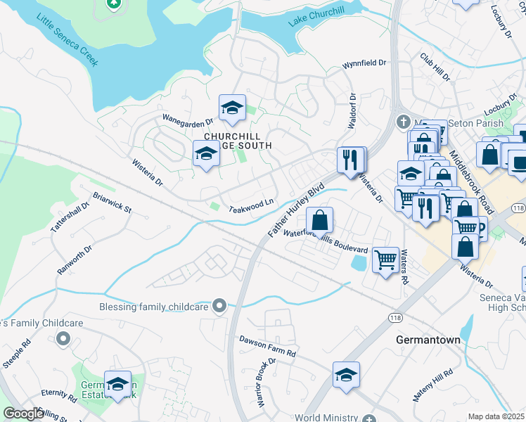 map of restaurants, bars, coffee shops, grocery stores, and more near 19732 Teakwood Circle in Germantown