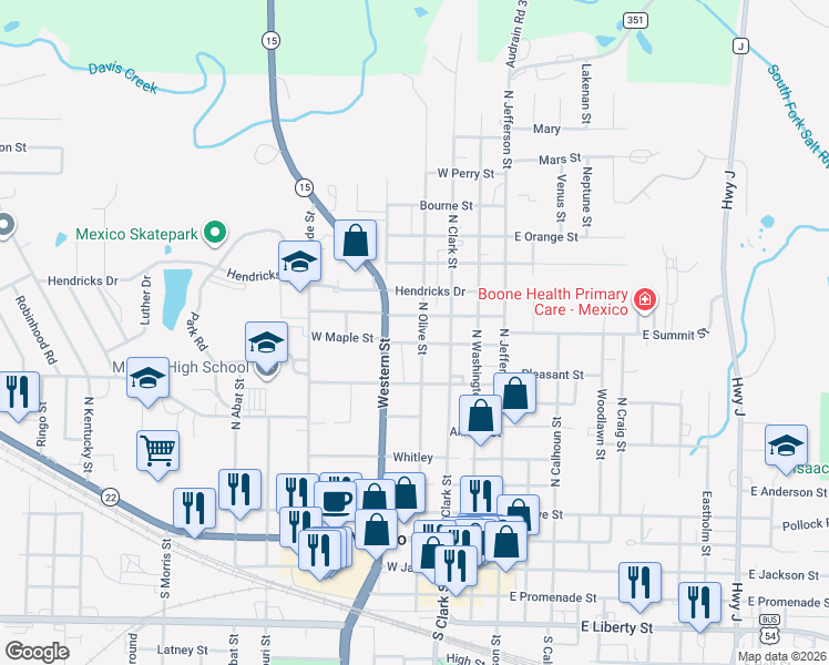 map of restaurants, bars, coffee shops, grocery stores, and more near 814 N Olive St in Mexico