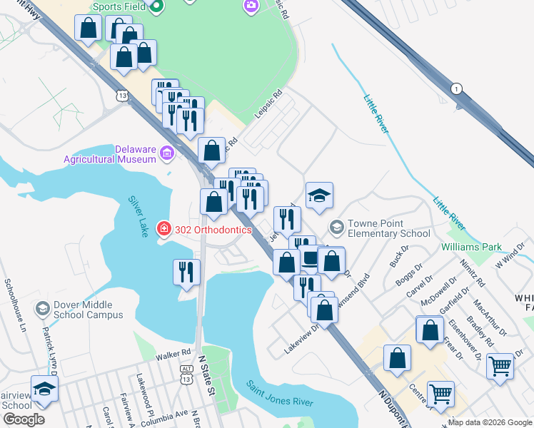 map of restaurants, bars, coffee shops, grocery stores, and more near 653 Jefferic Boulevard in Dover
