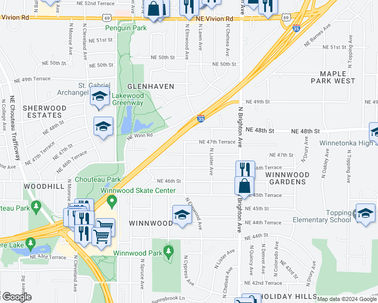 map of restaurants, bars, coffee shops, grocery stores, and more near 4604 Northeast 47th Street in Kansas City