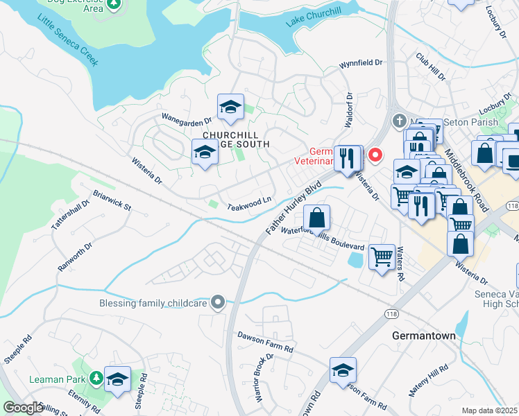 map of restaurants, bars, coffee shops, grocery stores, and more near 19734 Teakwood Circle in Germantown
