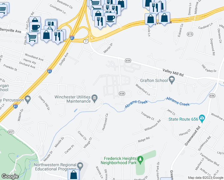 map of restaurants, bars, coffee shops, grocery stores, and more near 110 Coolfont Lane in Winchester