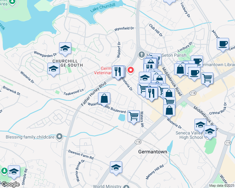 map of restaurants, bars, coffee shops, grocery stores, and more near 19619 Galway Bay Circle in Germantown