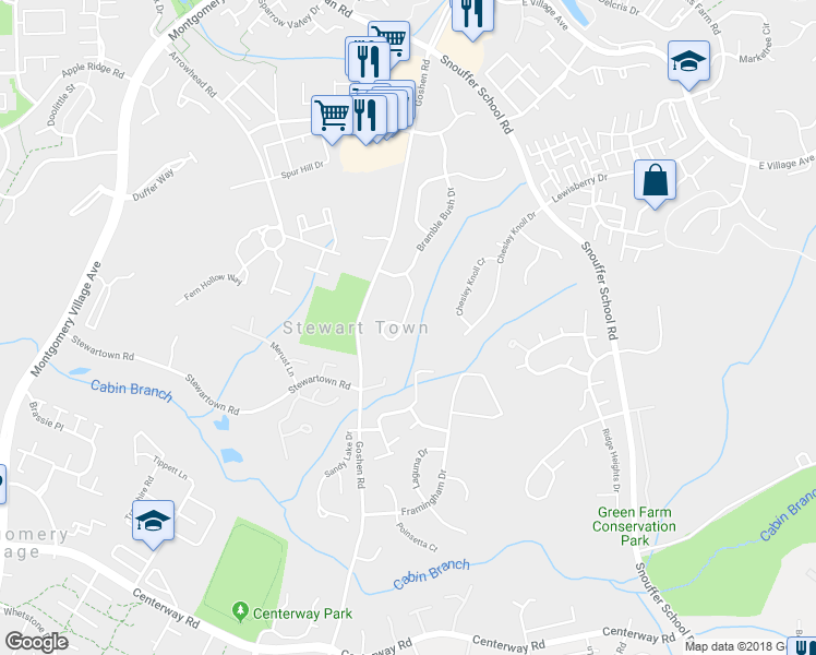 map of restaurants, bars, coffee shops, grocery stores, and more near 9040 Bramble Bush Court in Gaithersburg