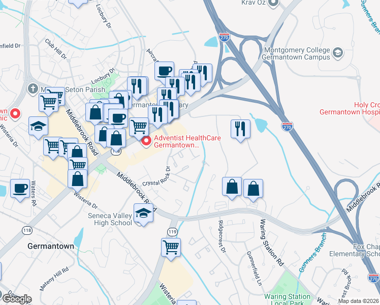 map of restaurants, bars, coffee shops, grocery stores, and more near 19757 Crystal Rock Drive in Germantown