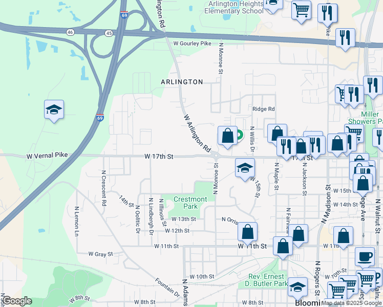 map of restaurants, bars, coffee shops, grocery stores, and more near 1304 West 17th Street in Bloomington