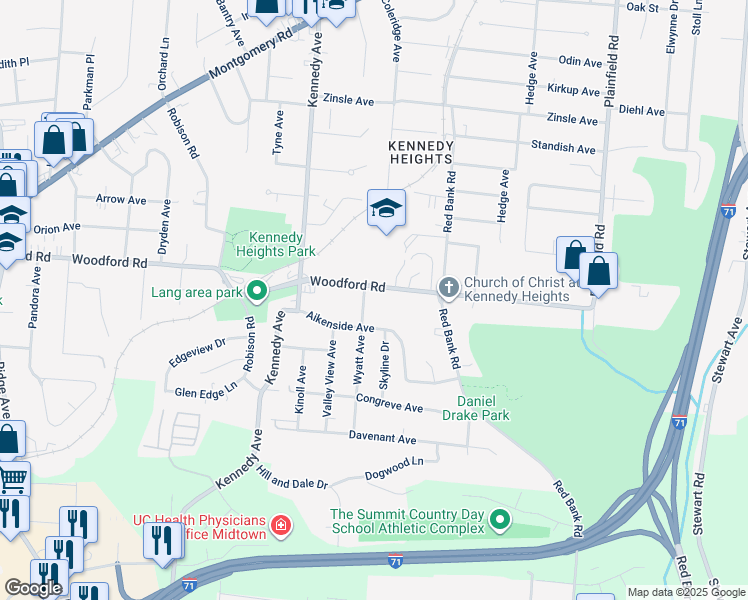map of restaurants, bars, coffee shops, grocery stores, and more near 3705 Woodford Road in Cincinnati