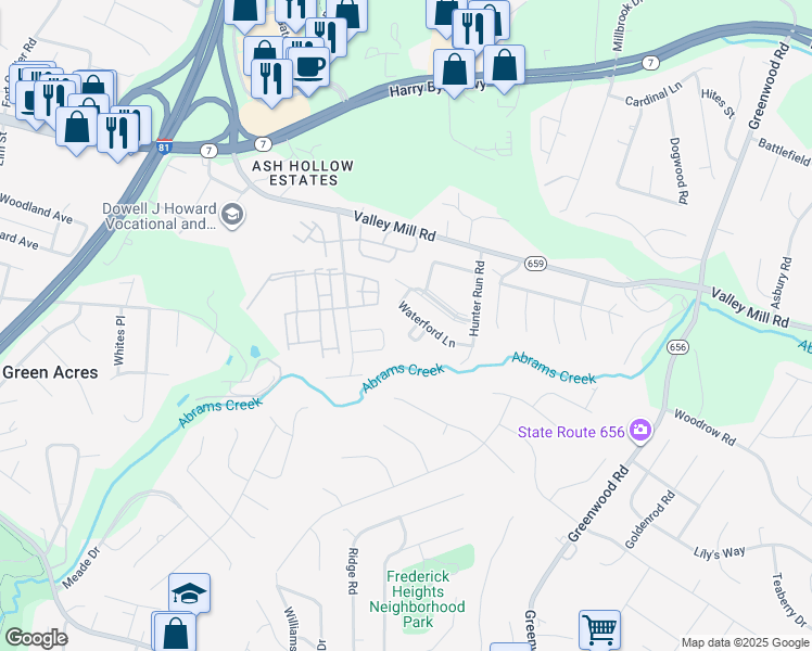 map of restaurants, bars, coffee shops, grocery stores, and more near 258 Waterford Lane in Winchester