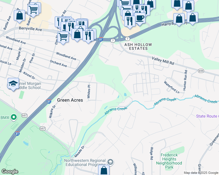 map of restaurants, bars, coffee shops, grocery stores, and more near 1690 Woodstock Lane in Winchester