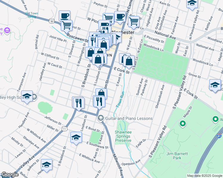 map of restaurants, bars, coffee shops, grocery stores, and more near 107 East Cecil Street in Winchester