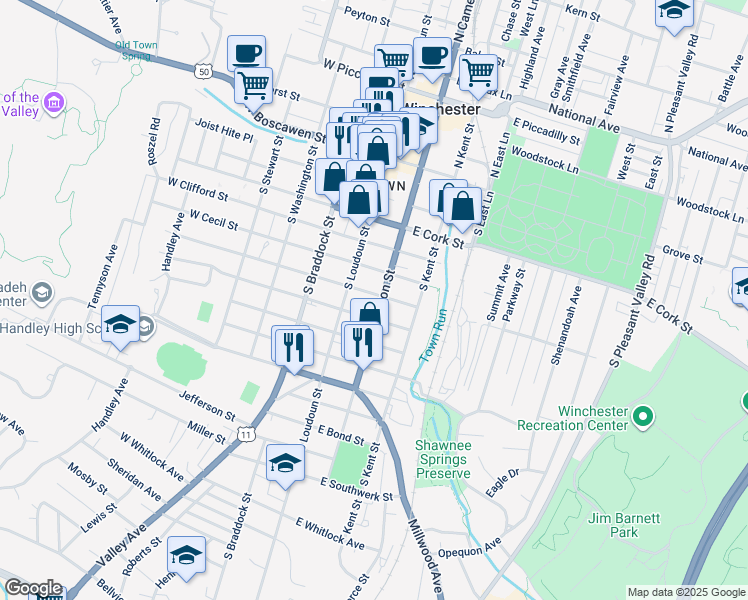 map of restaurants, bars, coffee shops, grocery stores, and more near 18 East Leicester Street in Winchester