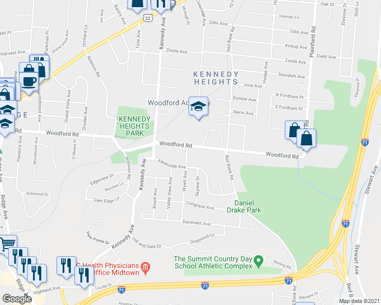 map of restaurants, bars, coffee shops, grocery stores, and more near 3719 Woodford Road in Cincinnati