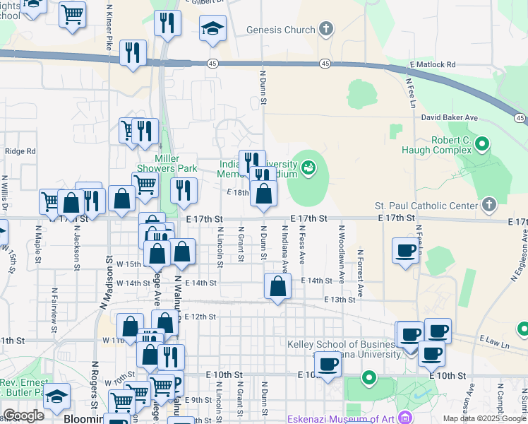 map of restaurants, bars, coffee shops, grocery stores, and more near 1425 North Dunn Street in Bloomington