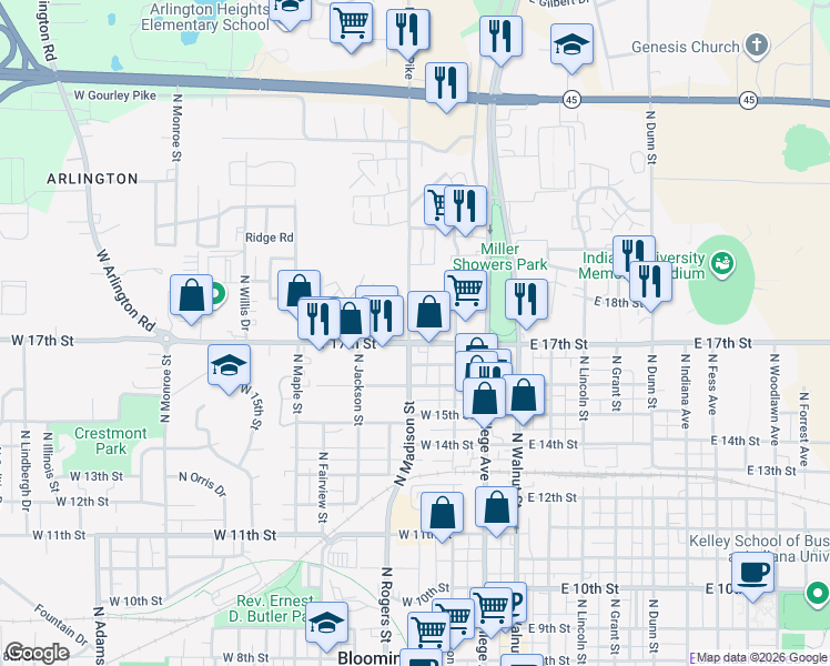 map of restaurants, bars, coffee shops, grocery stores, and more near 1313 North Kinser Pike in Bloomington