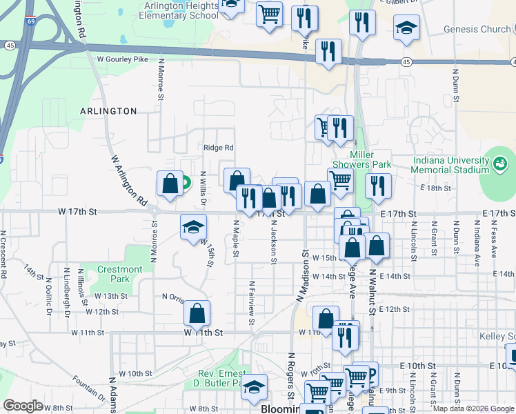 map of restaurants, bars, coffee shops, grocery stores, and more near 645 West Marble Lane in Bloomington