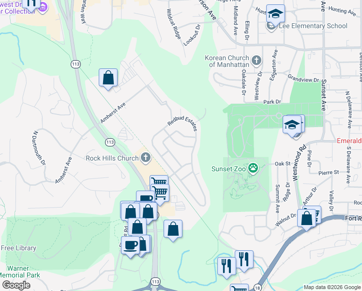 map of restaurants, bars, coffee shops, grocery stores, and more near Redbud Estates in Manhattan