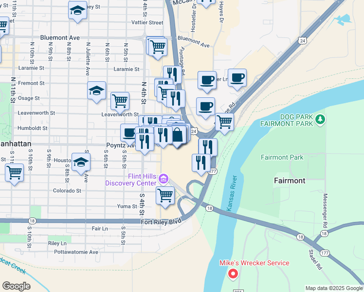 map of restaurants, bars, coffee shops, grocery stores, and more near Manhattan Town Center in Manhattan