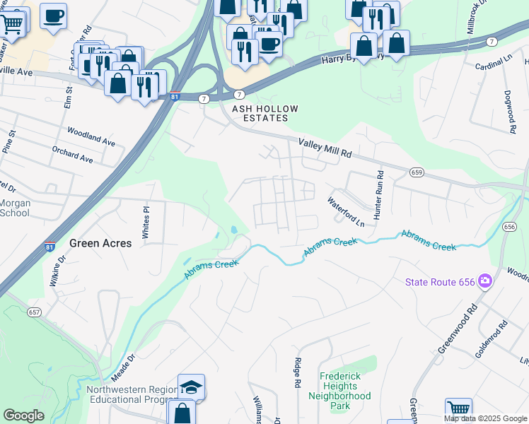 map of restaurants, bars, coffee shops, grocery stores, and more near 107 Windmill Ln in Winchester