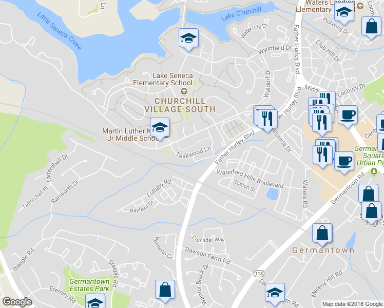 map of restaurants, bars, coffee shops, grocery stores, and more near 19737 Teakwood Circle in Germantown