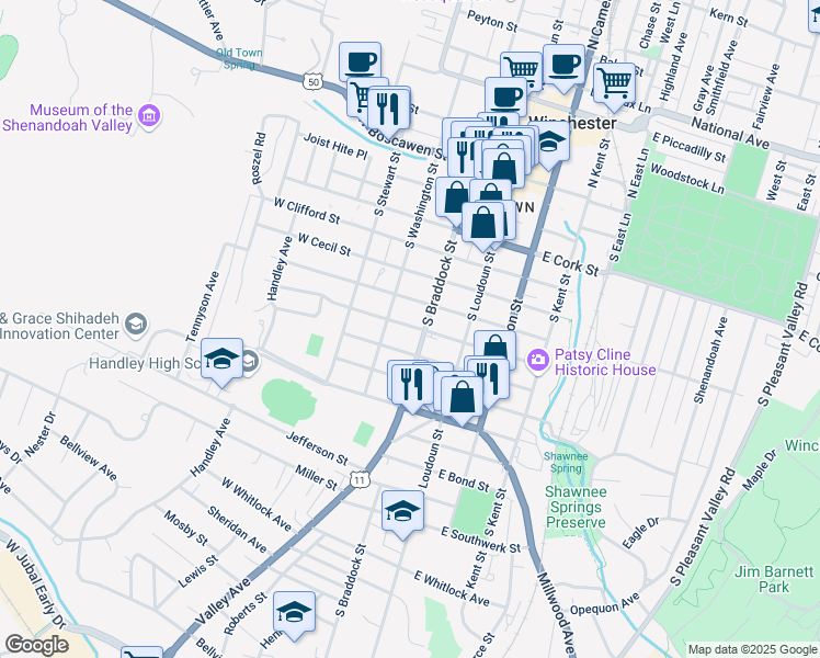 map of restaurants, bars, coffee shops, grocery stores, and more near 107 West Leicester Street in Winchester