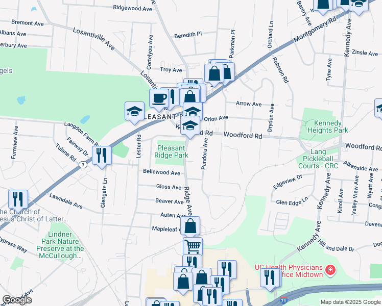 map of restaurants, bars, coffee shops, grocery stores, and more near 5927 Ridge Avenue in Cincinnati
