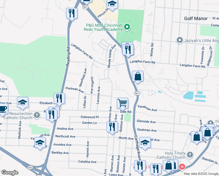 map of restaurants, bars, coffee shops, grocery stores, and more near 5857 Rhode Island Avenue in Cincinnati