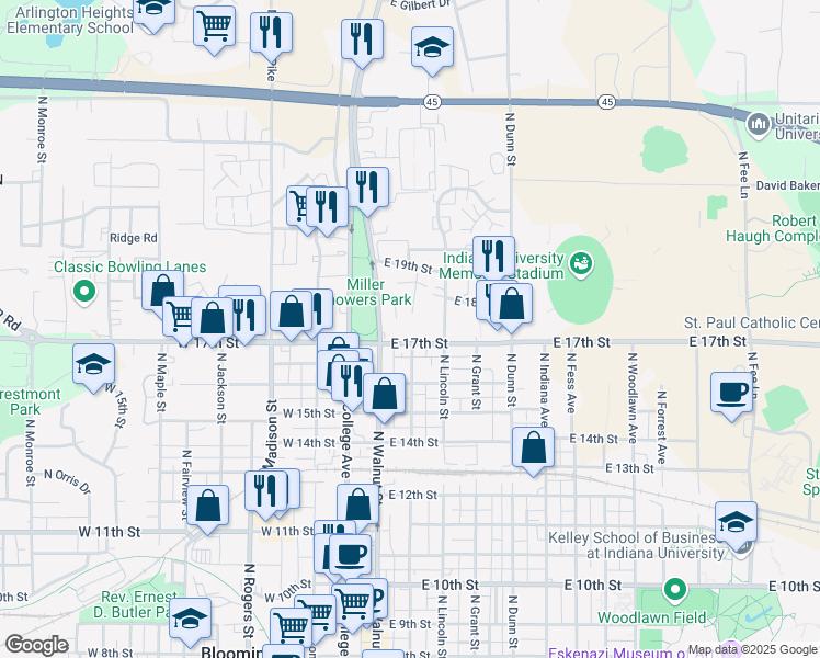 map of restaurants, bars, coffee shops, grocery stores, and more near 1314 North Washington Street in Bloomington