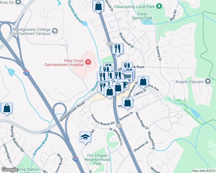 map of restaurants, bars, coffee shops, grocery stores, and more near 11534 Middlebrook Road in Germantown