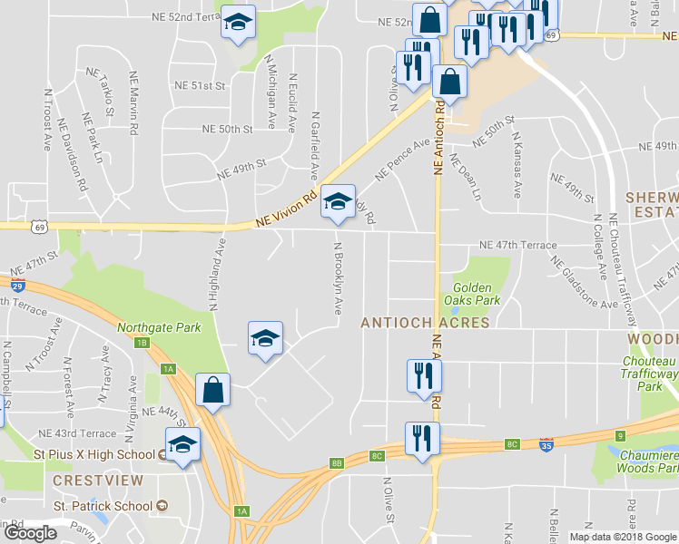 map of restaurants, bars, coffee shops, grocery stores, and more near 4697 North Brooklyn Avenue in Kansas City