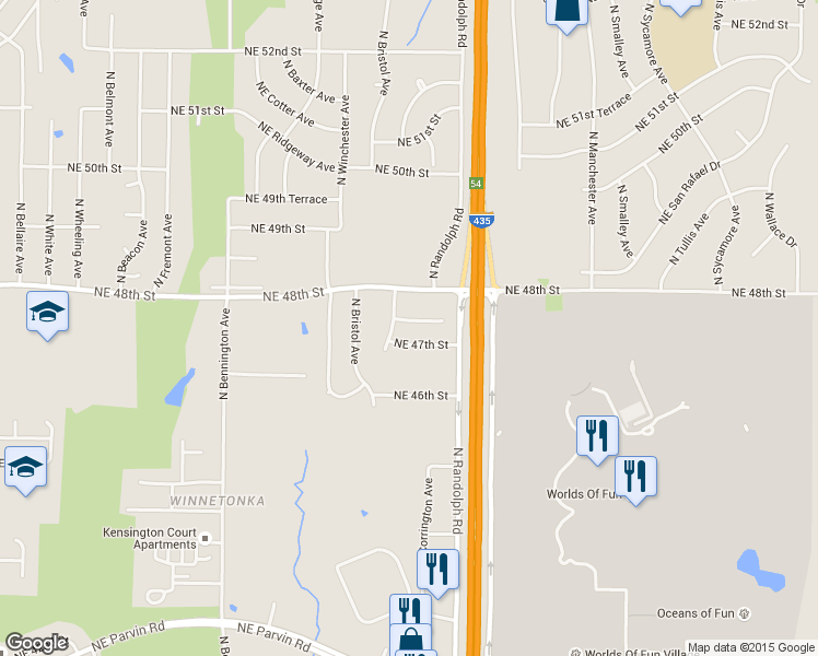 map of restaurants, bars, coffee shops, grocery stores, and more near 7221 Northeast 47th Terrace in Kansas City