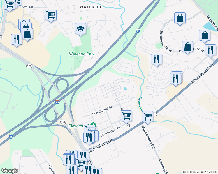 map of restaurants, bars, coffee shops, grocery stores, and more near 7405 Mulberry Grove Drive in Elkridge