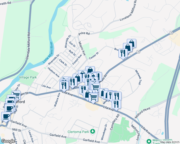 map of restaurants, bars, coffee shops, grocery stores, and more near 925 Walnut Street in Milford