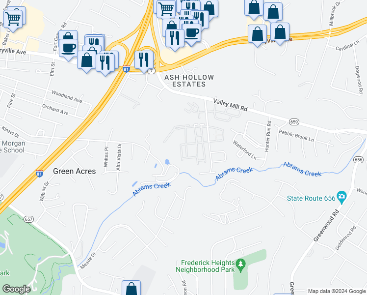 map of restaurants, bars, coffee shops, grocery stores, and more near 105 Seabreeze Lane in Winchester